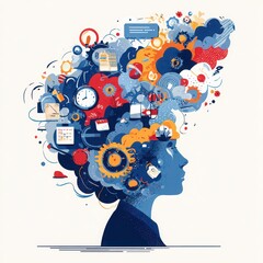 Creative brain human profile with colorful watercolor effect gears clock documents and science icons symbolizing innovation ideas and knowledge in vibrant artistic style