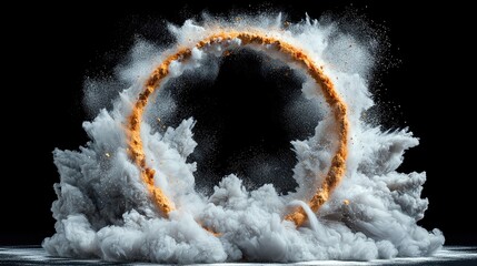 A dynamic explosion of orange and white powder creates a circular shape against a dark backdrop, suggesting energy and motion.
