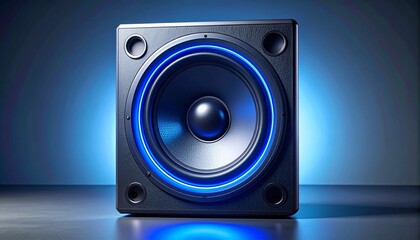 Modern subwoofer speaker with blue LED accents on a clean gradient background, showcasing sleek audio technology design.