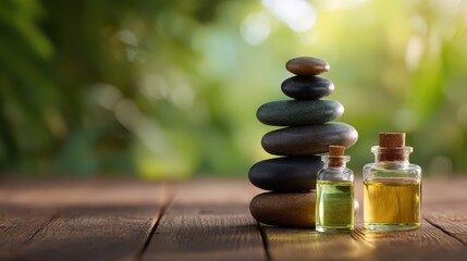 Obraz premium A serene arrangement of massage stones and soothing oil on a wooden plank