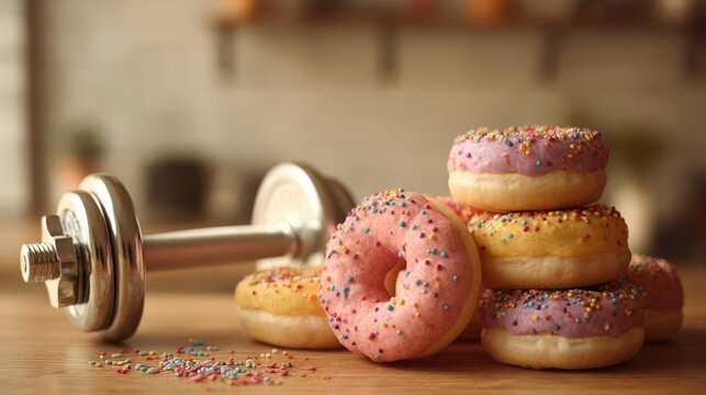 A selection of colorful donuts with sprinkles placed next to a dumbbell, symbolizing a diet dilemma