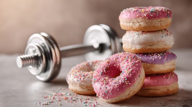 A selection of colorful donuts with sprinkles placed next to a dumbbell, symbolizing a diet dilemma - Powered by Adobe