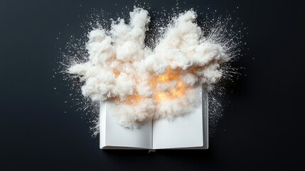 A dramatic explosion of white, fluffy material and particles bursts from an open book, creating a dynamic and energetic visual against a dark background.
