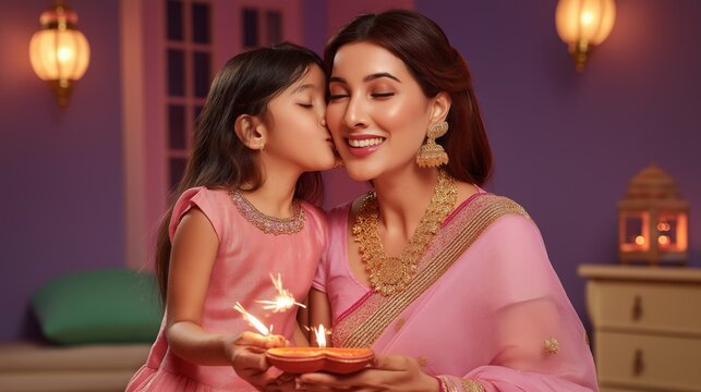 Mother and daughter joyfully celebrate Diwali in a beautifully decorated room. They share a loving kiss while lighting diyas, embodying warmth and festive spirit