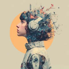 Surreal portrait female cyborg profile, headphones, watercolor effect, cityscape and nature elements blend, futuristic science, creative imagination, orange circle background