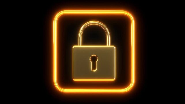 Glowing orange neon padlock icon, futuristic symbol for secure digital data protection. concept for cyber security, privacy, and building network safety confidence