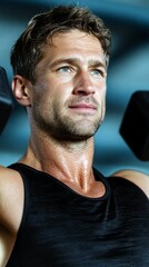 A fit man with blue eyes and stubble is lifting dumbbells in a gym, with sweat visible on his neck.