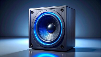Modern subwoofer speaker with blue LED accents on a clean gradient background, showcasing sleek audio technology design.