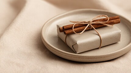A matte ceramic plate with small wrapped gift and cinnamon stick, warm beige backdrop