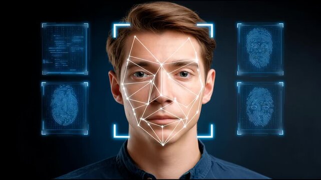 Futuristic security technology utilizing advanced facial recognition and biometric fingerprint scan for precise digital identification and secure access verification system