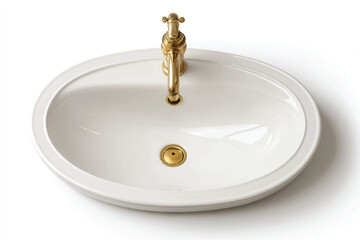 Elegant White Ceramic Sink with Gold Faucet on White Background