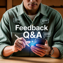 "Person Using Smartphone with 'Feedback Q&A' Digital Overlay &mdash; Customer Feedback, Online Reviews and Interactive Q&A Engagement"