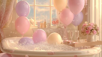 Luxurious bubble bath with balloons and flowers in elegant bathroom setting,Bathtub Party Day