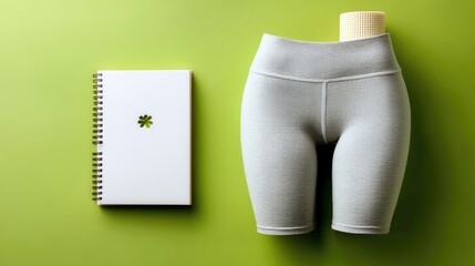 A flat lay composition featuring a white notebook with a clover cutout and grey bike shorts with a yoga mat, set against a vibrant green background.