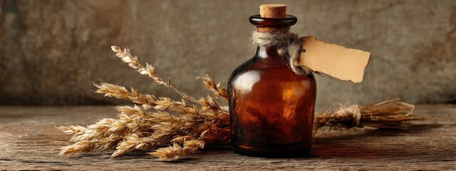 Vintage amber glass bottle with a cork stopper and blank label, surrounded by ears of wheat