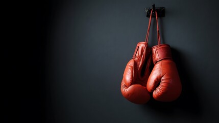 A pair of red boxing gloves hanging on a dark gray wall, symbolizing the sport of boxing, fitness, and the challenges of competition and training