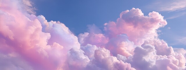 Fantasy pink and white cumulus clouds in a blue sky, sparkling and shimmering