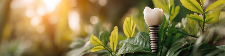 Dental implant resting on fresh green leaves, symbolizing natural integration and health