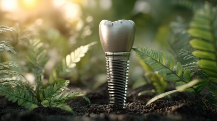 Dental implant resting on fresh green leaves, symbolizing natural integration and health