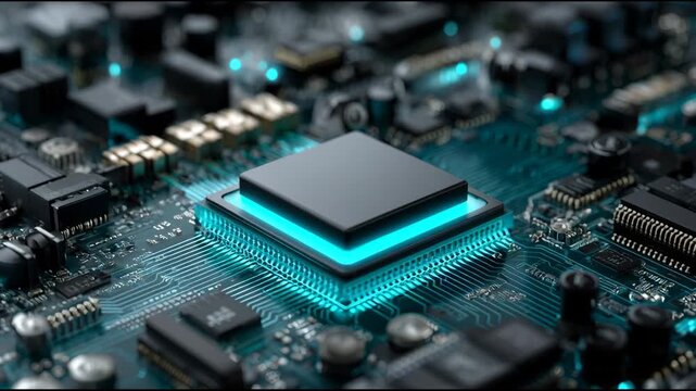 Futuristic computer hardware with glowing cpu processor and powerful microchip on an electronic circuit, representing core of advanced digital data technology