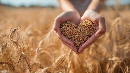 Female hands forming a heart shape filled with wheat grains, against a backdrop of ripe ears