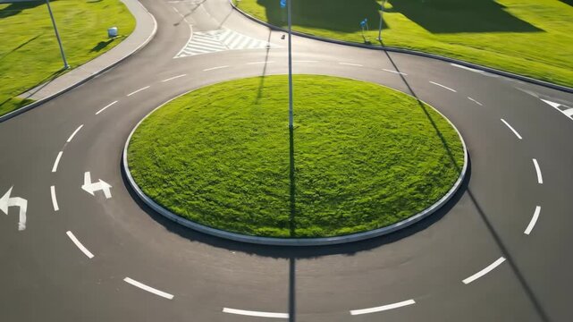 Traffic Roundabout with Green Grassy Center - An aerial shot showcases a traffic roundabout, featuring a central island covered in lush green grass and a light pole.