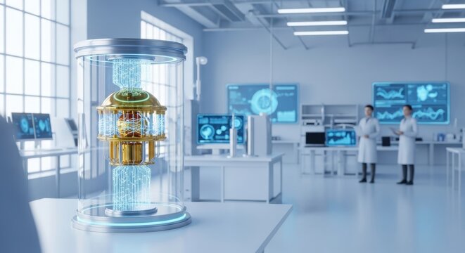 Futuristic energy core in a laboratory setting, symbolizing advanced technology and scientific research by two scientists for innovation