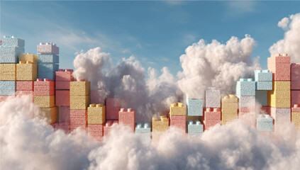 Fantasy City Made of Building Blocks Floating in the Clouds