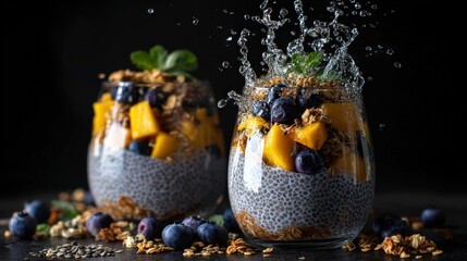 Three portions of layered chia seed pudding with mango, blueberries, and granola, featuring a liquid splash effect