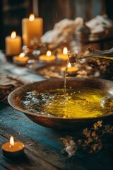 Cozy spa setting with olive oil, branches and lit candles on a rustic wooden tray