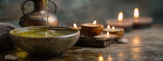 Cozy spa setting with olive oil, branches and lit candles on a rustic wooden tray