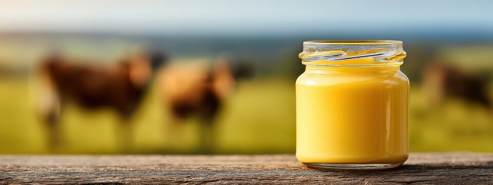 Pure organic cow ghee (clarified butter) in a jar against a summer meadow background