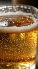 Macro Close-Up of Chilled Golden Beverage in Transparent Glass