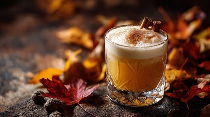 Autumn whiskey sour cocktail with maple syrup, vanilla and cinnamon, surrounded by leaves