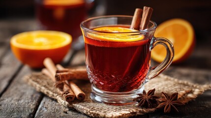 Warm spiced beverage with orange slices and cinnamon stick on a rustic wooden table