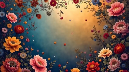 Blue-yellow-orange background with flowers around.