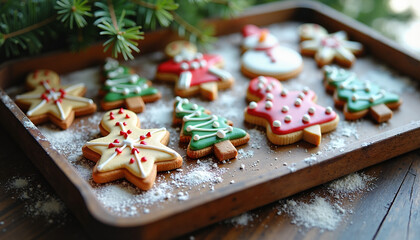 Christmas gingerbread cookies arranged on wooden tray with pine  