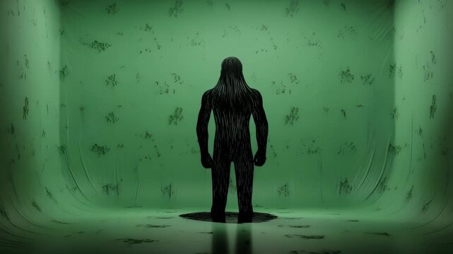 Dark figure emerging from a shadowy mass in a green backdrop, symbolizing transformation and psychological journey.