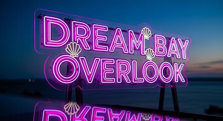 Neon Dreamscape: Overlook Sign with Seashell Embellishments at Twilight, Coastal Vibes