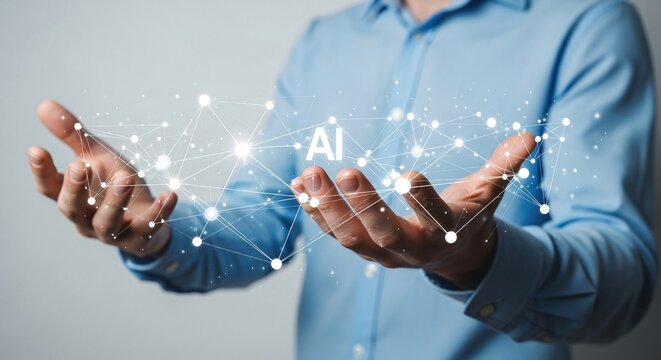 Businessman holding futuristic AI artificial intelligence hologram with neural network