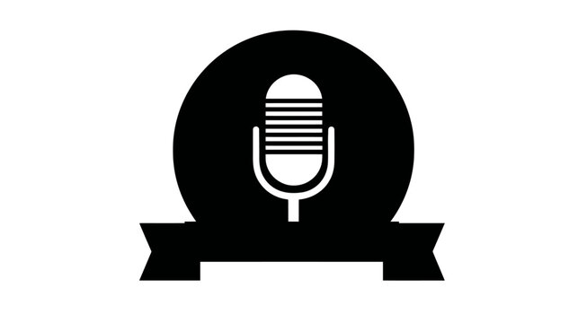 Microphone icon in a round badge with a ribbon banner. Audio recording, podcasting, broadcasting, and voice symbol.
