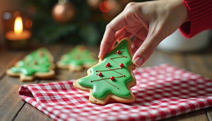 Hand reaching for decorated Christmas tree cookie on table  