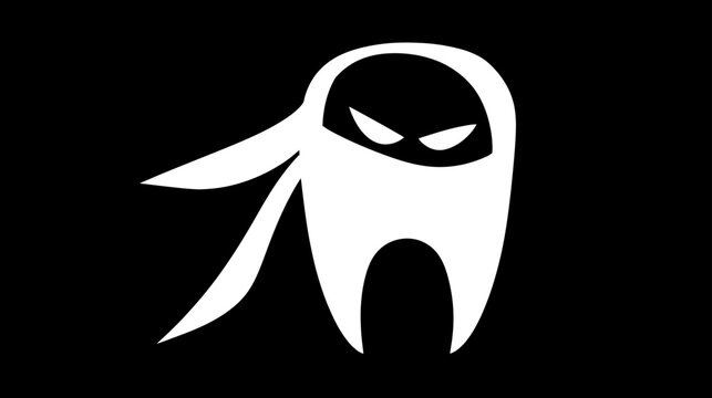 Abstract white silhouette of a mysterious masked character with sharp eyes on a black background, representing stealth, danger, or anonymity.