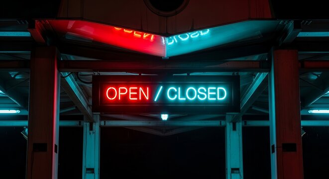 Neon Open/Closed Sign Illuminated Against Dark Backdrop, Signage Display Concept
