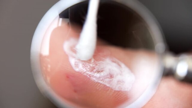 Obligatory medicine therapy during acute phase o dermatological diseases, patient applying steroid ointment on inflamed skin, healing of eczema, dyshidrosis or psoriasis with special symptoms relief