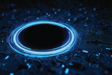 Futuristic Technology Circuit Board Background with Blue Glowing Circle Design