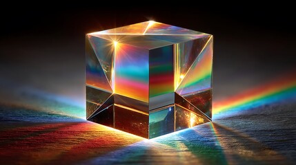 Optical cube dispersing light into rainbow colors, creating a mesmerizing display of physics and beauty, perfect for science, education, or artistic concepts