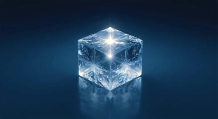 Glowing ice cube on dark blue background concept of purity