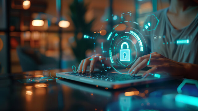 Close-up of a hand typing on the keyboard with a hologram padlock and icons of data protection. Cybersecurity concept for online safety