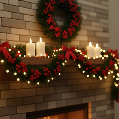 Cozy Christmas fireplace adorned with candles, wreath and garlands  